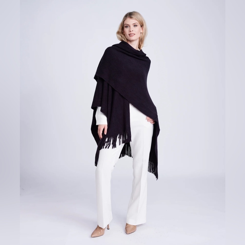 Pia Rossini Navy Fringe Poncho Shrug One Size
